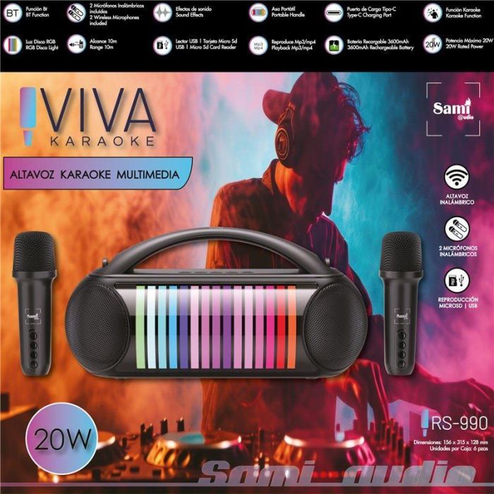 SAMI Altavoz VIVA Karaoke Multimedia con 2 Microfonos, 20W, 24 cm de Largo