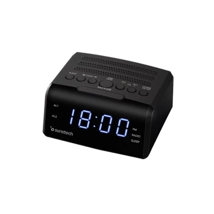 SUNSTECH FRD35U Radio Despertador Digital con USB y Carga para Smartphones, Pantalla LED Azul, Negro