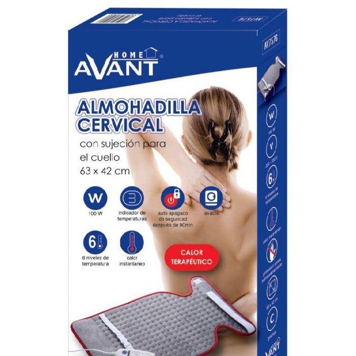 AVANT Almohadilla Eléctrica Cervical 100W, 3 Temperaturas, 63 cm x 42 cm con Sujeción para Cuello, Cómoda y Terapéutica
