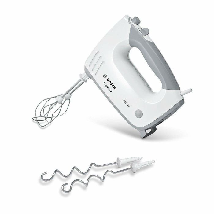 Bosch MFQ36400 Batidora de mano ErgoMixx 450 W con 5 velocidades, Turbo, 2 batidores y 2 ganchos amasadores de acero inoxidable Blanco/Gris 12