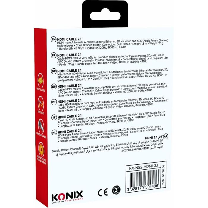 Konix Cable HDMI 2.1 Nintendo Switch 2, Compatible 4K y 8K, Nailon Trenzado, 1,8 m, Negro 4