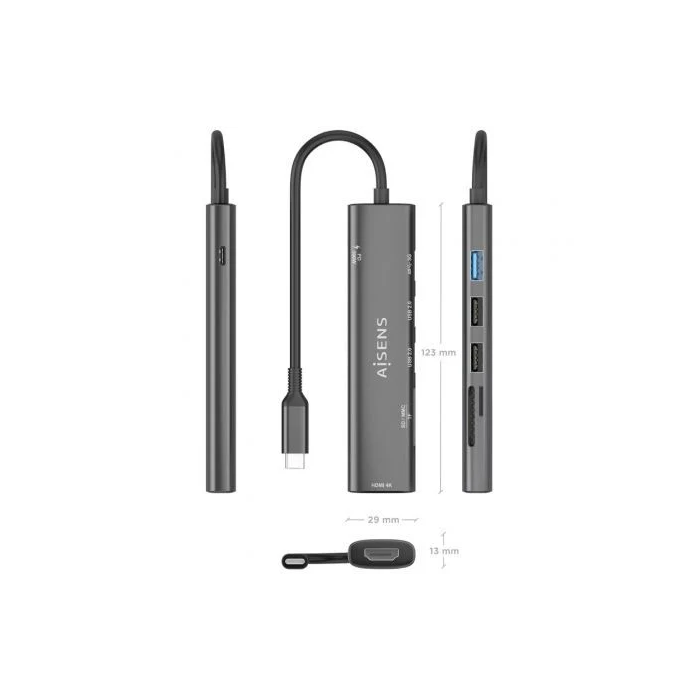 Aisens ASUC-7P027-GR Dock USB-C 7 en 1, HDMI 4K, 3xUSB, 1xUSB-C PD 100W, Lector SD/Micro SD, Gris 3