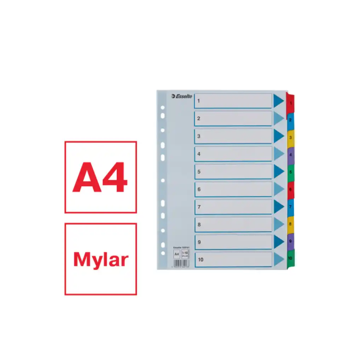 Esselte Separadores Numéricos Cartulina Mylar 1-10 Juego de 10 Separadores DIN A4 Multitaladro Multicolor 1