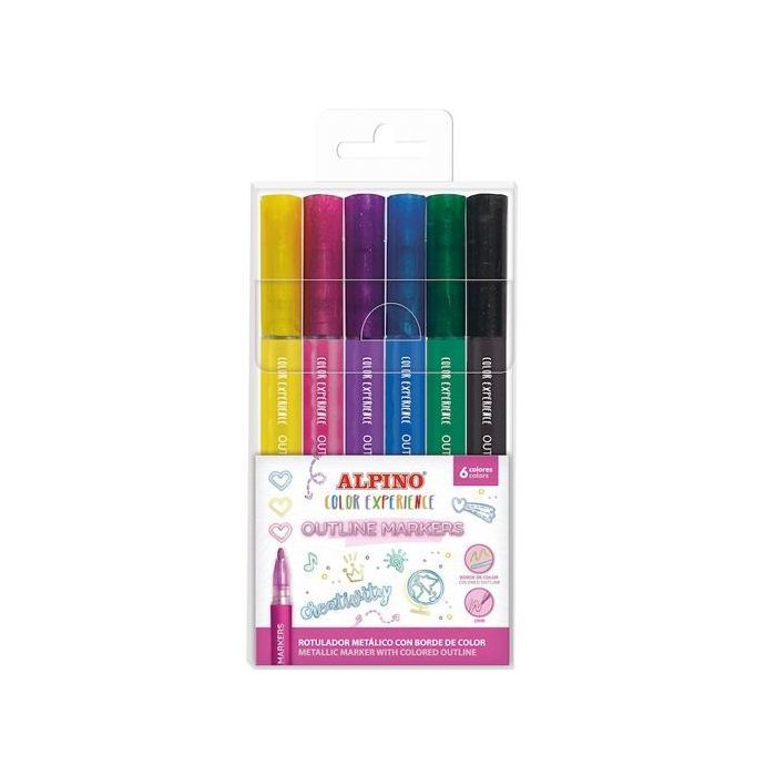 Alpino Rotuladores Outline Color Experience Metálicos Borde De Color, Punta 2mm, Estuche 6 Ud, Ideal para Lettering y Bullet Journal