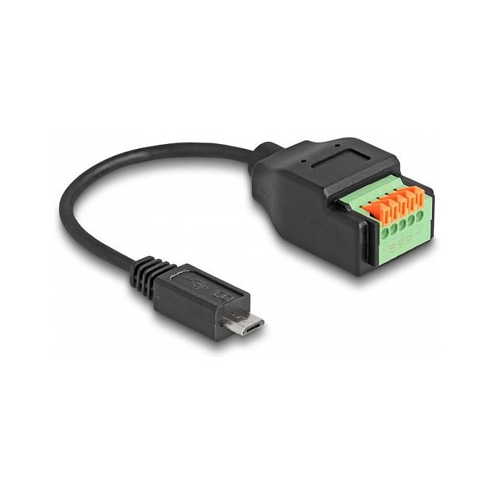 DeLOCK Cable USB 2.0 Tipo Micro-B Macho a Bloque Terminales 5 Pines 15 cm, Negro/Verde, Adaptador Terminal Block 1
