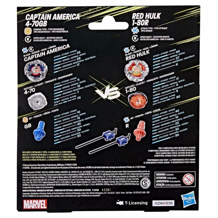 Beyblade X Multipack Top Capitán América 4-70 GB vs. Hulk Rojo 1-80 GB, a partir de 8 años 1 Beyblade X Multipack Top Capitán América 4-70 GB vs. Hulk Rojo 1-80 GB, a partir de 8 años 1