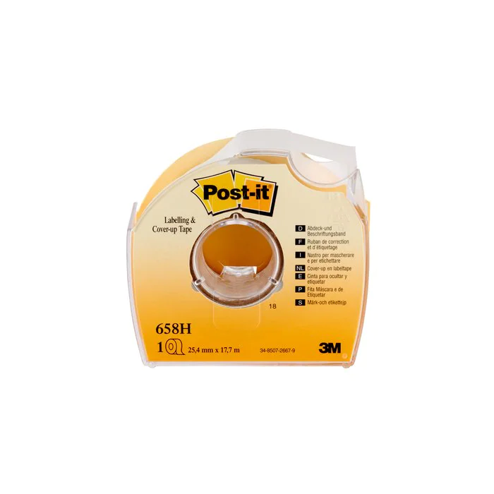 Post-It Cinta Adhesiva 658-Hd Invisible Rollo 25,4 mm X 17,7M con Dispensador, Escribible y Sin Residuos