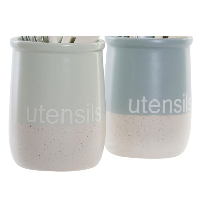 DKD Home Decor Bote Utensilios Scandi Azul Celeste y Verde Menta Gres y Rubberwood 10 x 10 x 14 cm Set 5 Piezas 1