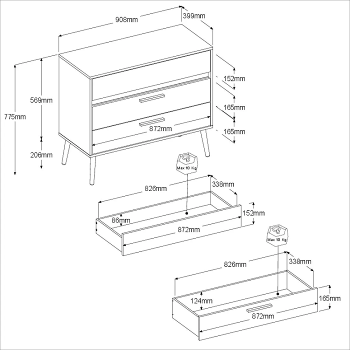 Parisot Cómoda AALBORG3500CO3T 3 cajones Blanco Estilo escandinavo 90,8 x 40 x 77,5 cm 5