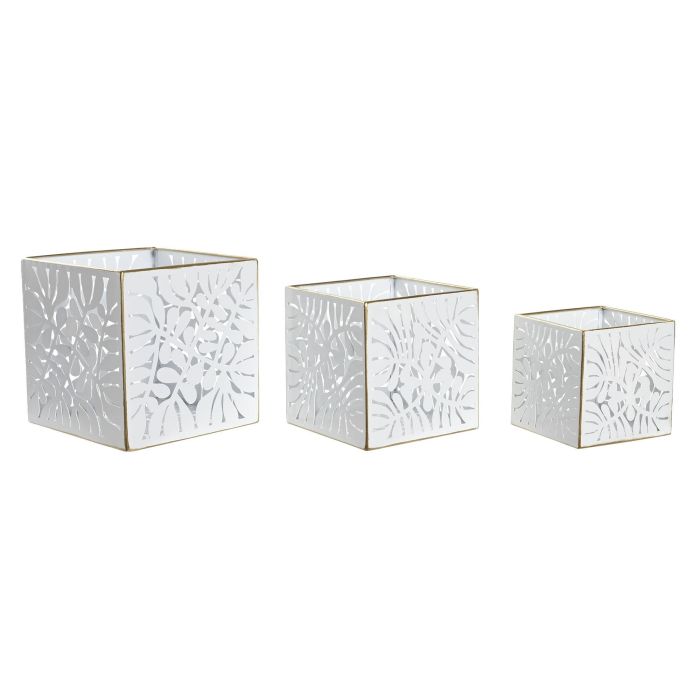 DKD Home Decor Macetero Decorativo de Metal Tropical con Diseño de Hojas Blanco y Dorado 15x15x15 cm - Set de 3 Unidades 0 DKD Home Decor Macetero Decorativo de Metal Tropical con Diseño de Hojas Blanco y Dorado 15x15x15 cm - Set de 3 Unidades 0