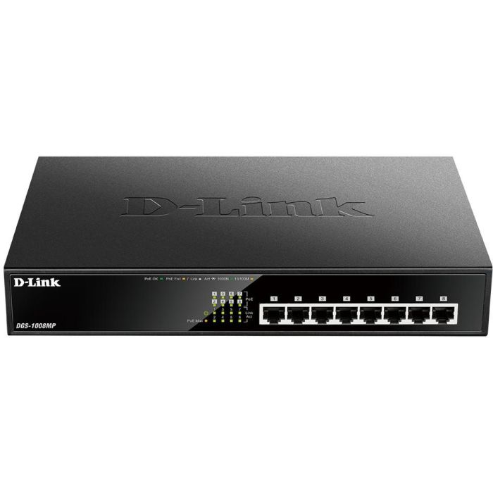 D-Link DGS-1008MP Switch de Red Gigabit PoE+ 8 Puertos 802.3at, 140W de Potencia PoE, No Gestionado, Diseño Silencioso para Escritorio/Rack