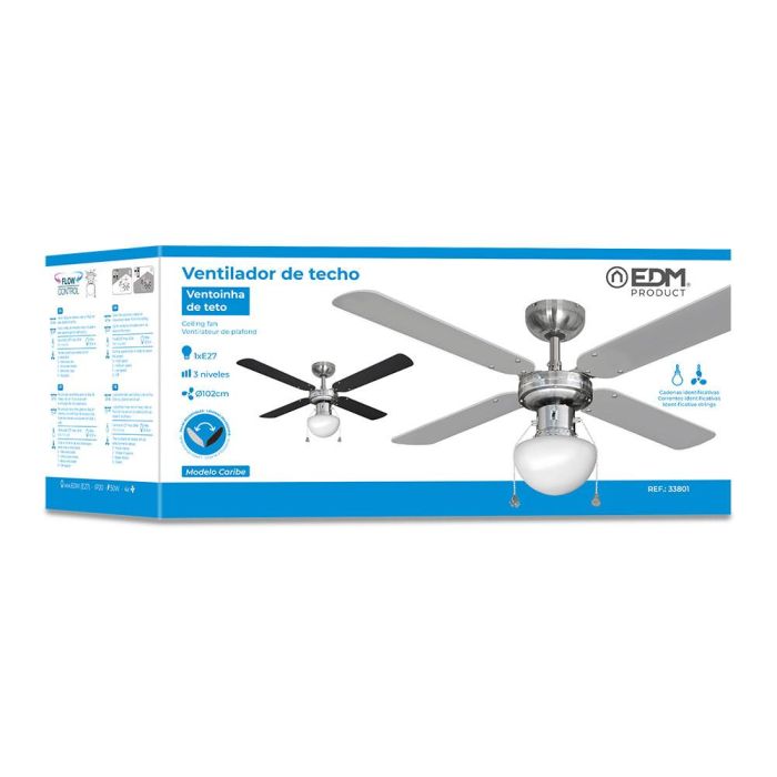 Edm Ventilador de Techo Modelo Caribe Cromado, 50W, Ø102 cm, 3 Velocidades, con Luz E27, IP20 4