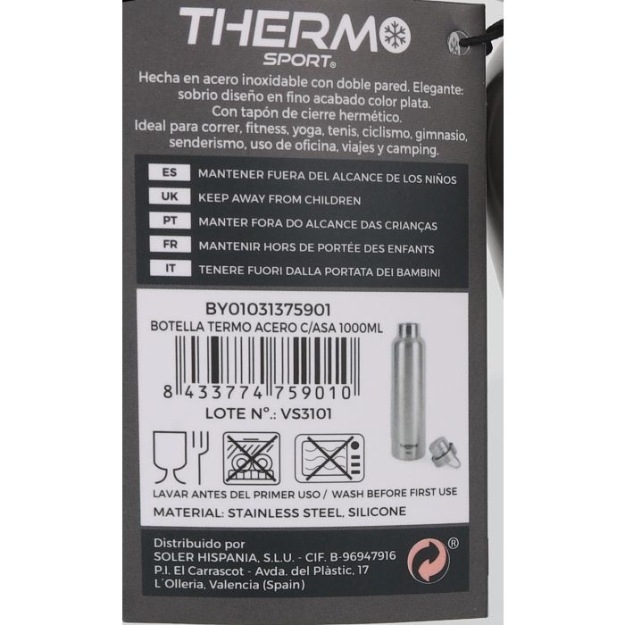 Thermosport Botella Termo de Acero Inoxidable con Asa, 1000 ml (1 L), 30,5 cm Alto x 8 cm Diámetro (6 Unidades) 12