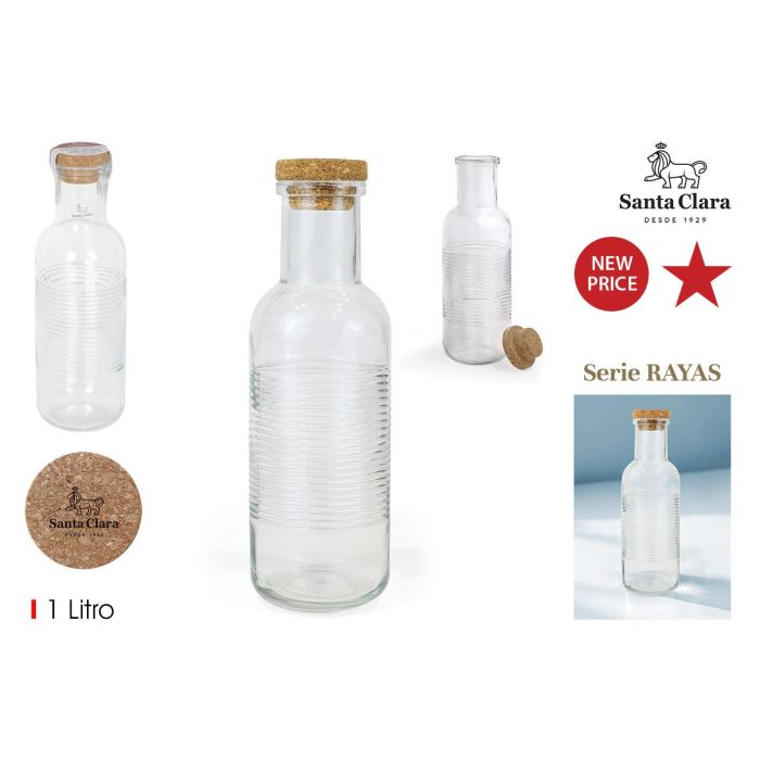 Santa Clara Botella de Vidrio 1 Litro con Tapa de Corcho, Rayas Horizontales, Color Santa Clara (12 Unidades)