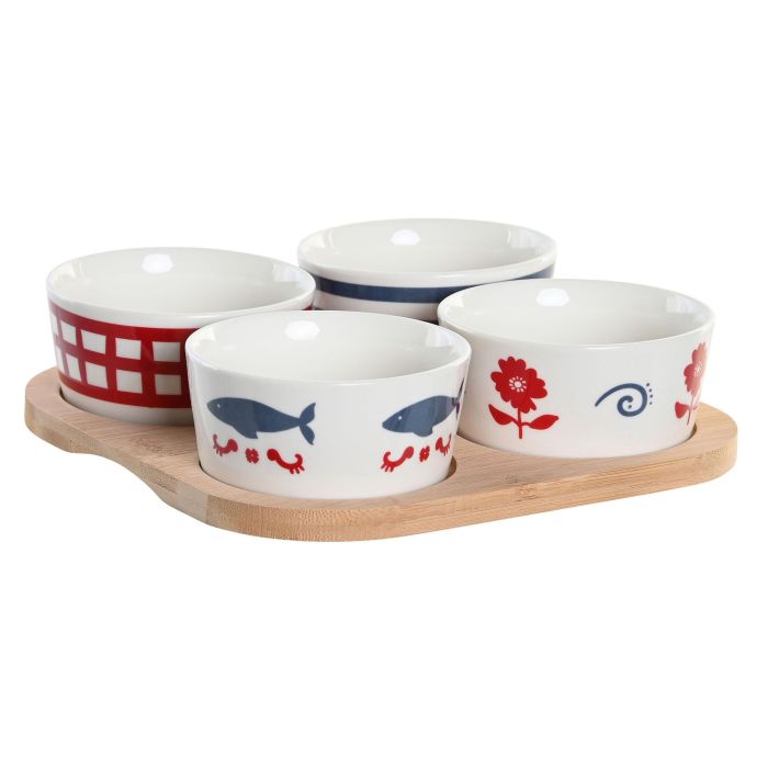 DKD Home Decor Set Casitas Aperitivo 5 Piezas Gres Bambú Azul Rojo Blanco Natural Mediterráneo Apto Lavavajillas 19.7x19.7x1 cm