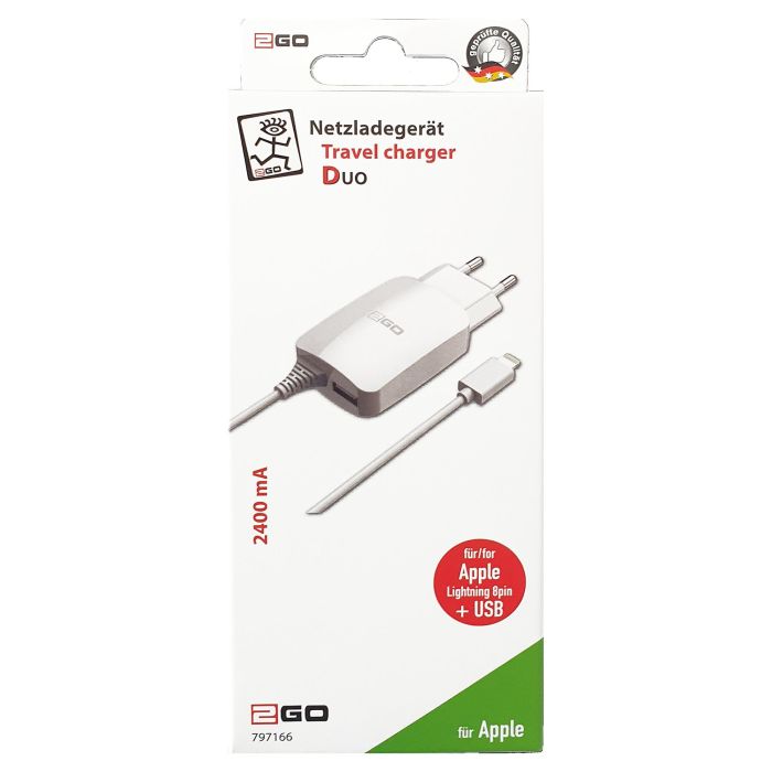 2GO 797166 Cargador de Pared 12W con Puerto Lightning y 1x USB, Cable de 1,4 m, Color Blanco 1