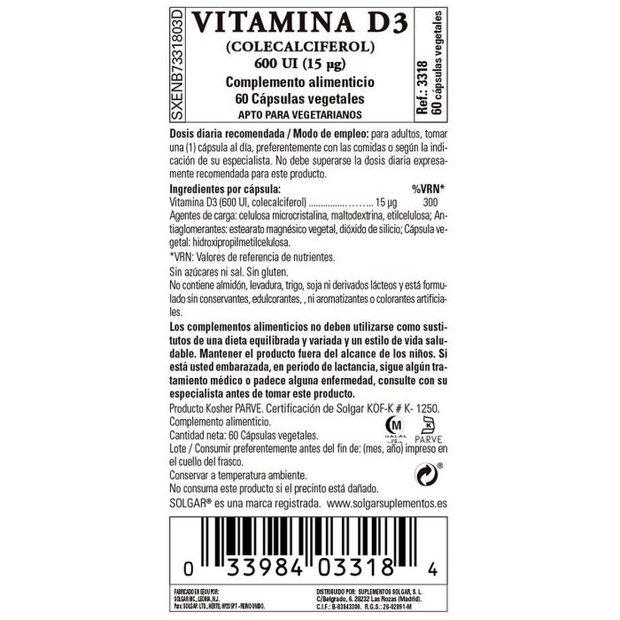 Vitamina D3 (Colecalciferol) Solgar 600 iu 60 Cápsulas