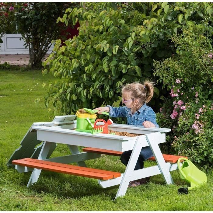 TRIGANO Mesa de madera para niños Pic nic con caja de arena integrada 3