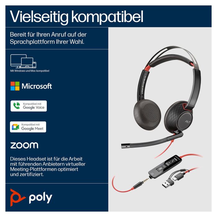 HP Poly Blackwire 5220 Auriculares USB-C + 3.5mm Plug + Adaptador USB-C/A Negros (207586-201/207576-201) 5