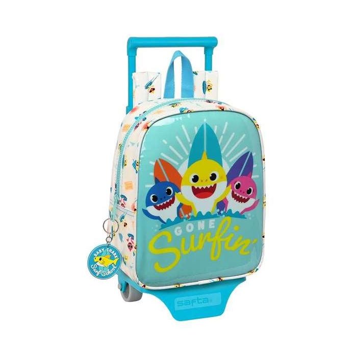Mochila Escolar con Ruedas Baby Shark Surfing Azul Blanco 22 x 27 x 10 cm