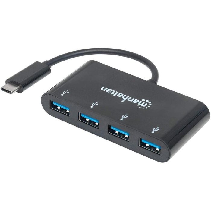 MANHATTAN Hub USB-C 3.2 Gen 1 a 4 Puertos USB-A 5Gbps, Negro, Cable 0.2m, Alimentación USB, Hot-swap, Plug&Play