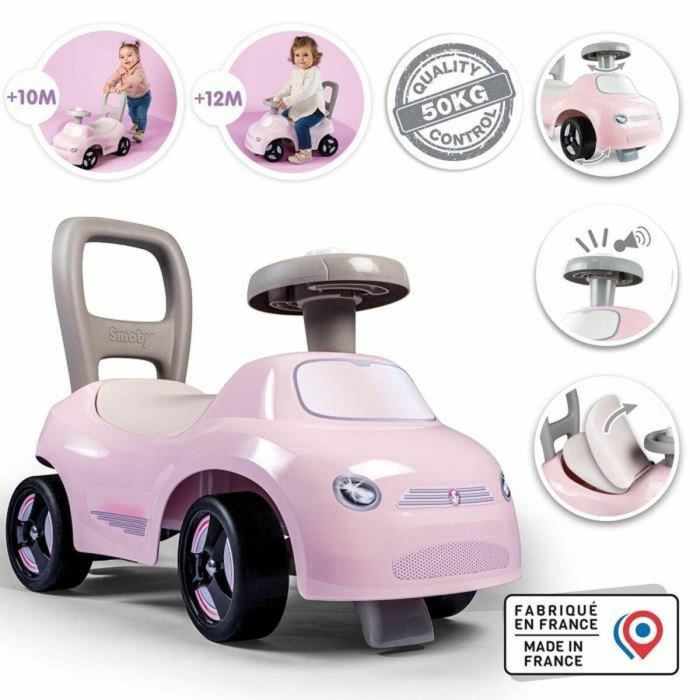 Smoby - Portabebés 2 en 1 - Auto Pink - Caja debajo del sillín + bocina - A partir de 10 meses - Hecho en Francia