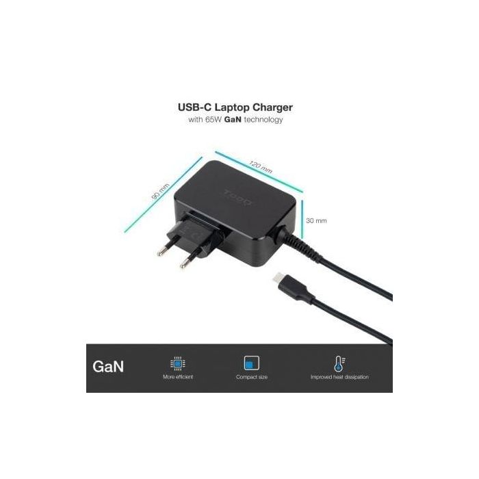 Cargador de Portátil GaN TooQ TQLC-USBCGAN65PD USB Tipo-C/ 65W/ Automático/ Voltaje 5-20V 1 Cargador de Portátil GaN TooQ TQLC-USBCGAN65PD USB Tipo-C/ 65W/ Automático/ Voltaje 5-20V 1