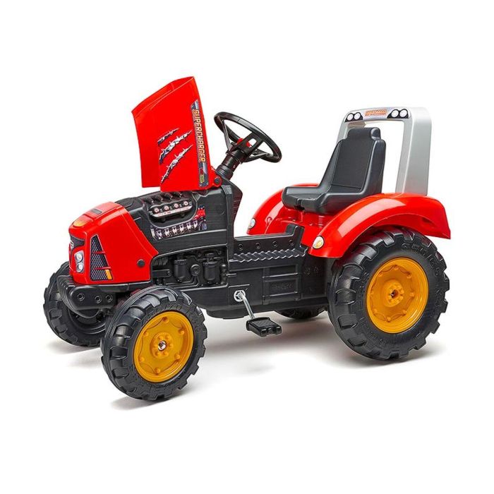 FALK - Tractor de pedal rojo sobrealimentador con capó de apertura y remolque incluido 2