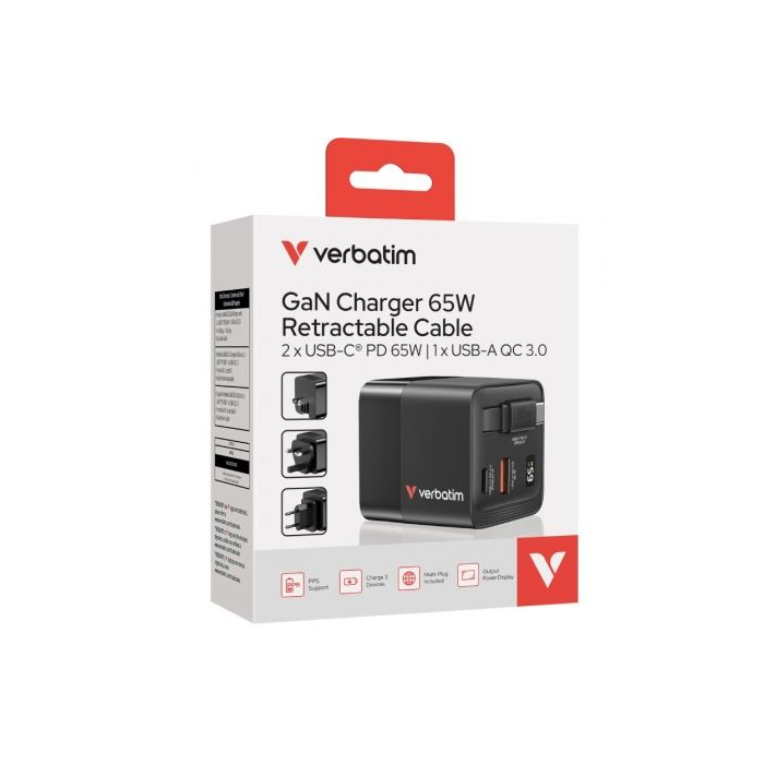 Cargador de Pared Universal Verbatim GaN Charger/ 1xUSB Tipo-C/ 1xUSB/ 1xUSB Tipo-C Macho/ 65W 2