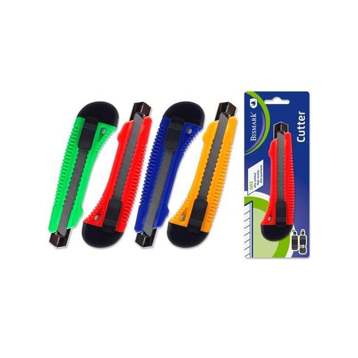 Bismark Cutter Ancho - Cuchilla Fracturable De 18 mm - Sistema Bloqueo Cuchilla Intercambiable Guia Metálica Blister Colores Surtidos Bismark Cutter Ancho - Cuchilla Fracturable De 18 mm - Sistema Bloqueo Cuchilla Intercambiable Guia Metálica Blister Colores Surtidos
