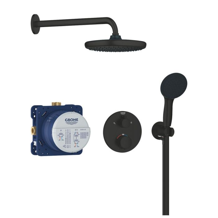 Grohe 348832430 Conjunto de Ducha Empotrado, Grifería Termostática, 1 + 2 Chorros de Agua, Acabado Negro