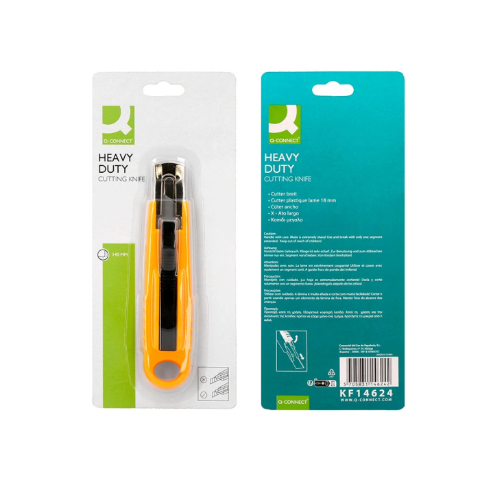 Q-connect XD-123 Cutter de Seguridad Retráctil con Asa para Colgar, Cuchilla Ancha 18 mm, Plástico Resistente, Amarillo, 1 Unidad