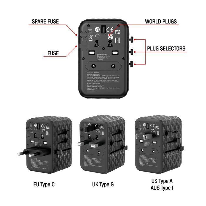Verbatim Adaptador Universal de Viaje UTA-05 con 2 Puertos USB-C y 2 Puertos USB-A, Carga Rápida
