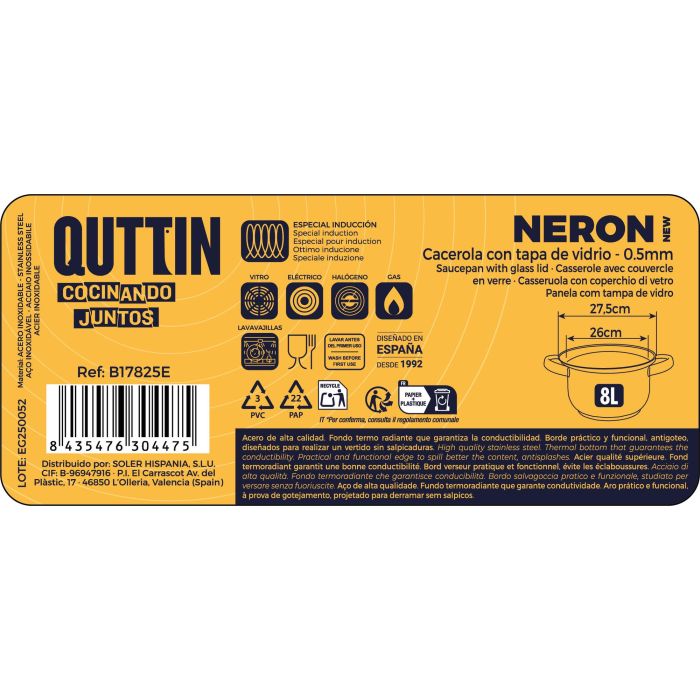 Inde Cacerola de Acero Inoxidable 26 cm (8 L) con Tapa - Apta para Inducción "New Neron" Qt (4 Unidades) 2 Inde Cacerola de Acero Inoxidable 26 cm (8 L) con Tapa - Apta para Inducción "New Neron" Qt (4 Unidades) 2