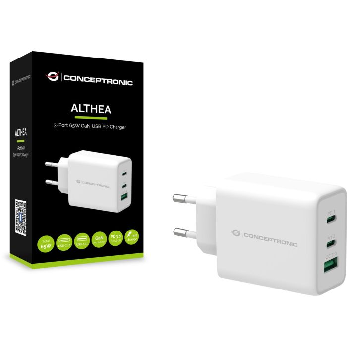 Conceptronic ALTHEA12W Cargador USB-C PD 3.0 65W con Tecnología GaN para MacBook, iPad, iPhone, Samsung Galaxy y más, Color Blanco 3