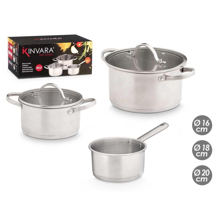 Set 3 Cacerolas Acero Inoxidable con Tapas de Cristal Kinvara - 16, 18, 20 cm (2 Unidades) Set 3 Cacerolas Acero Inoxidable con Tapas de Cristal Kinvara - 16, 18, 20 cm (2 Unidades)