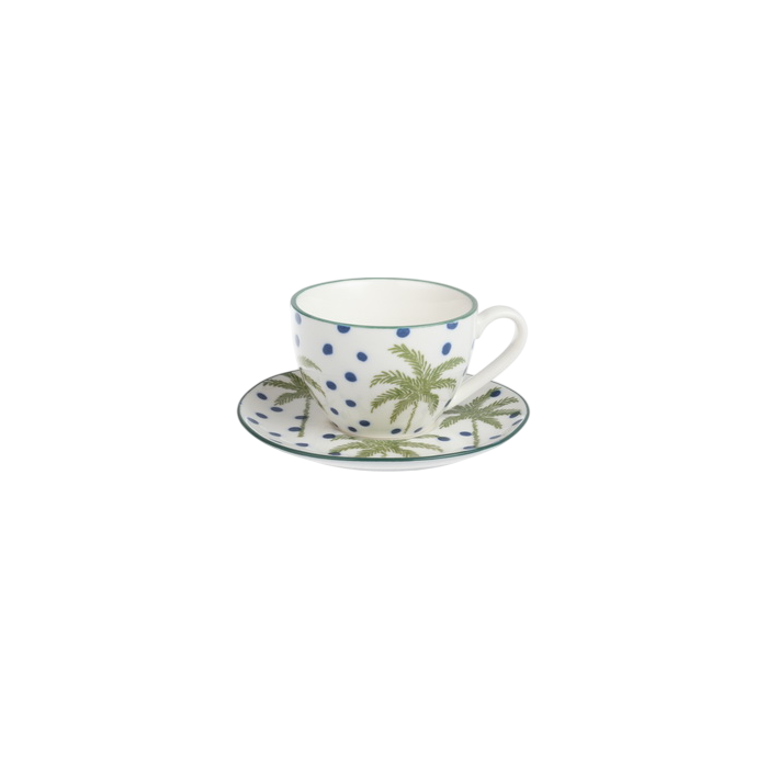 DKD Home Decor Palm 25 Taza Set Plato Tropical Azul Verde Porcelana 15.5 x 7.5 cm (4 Unidades)