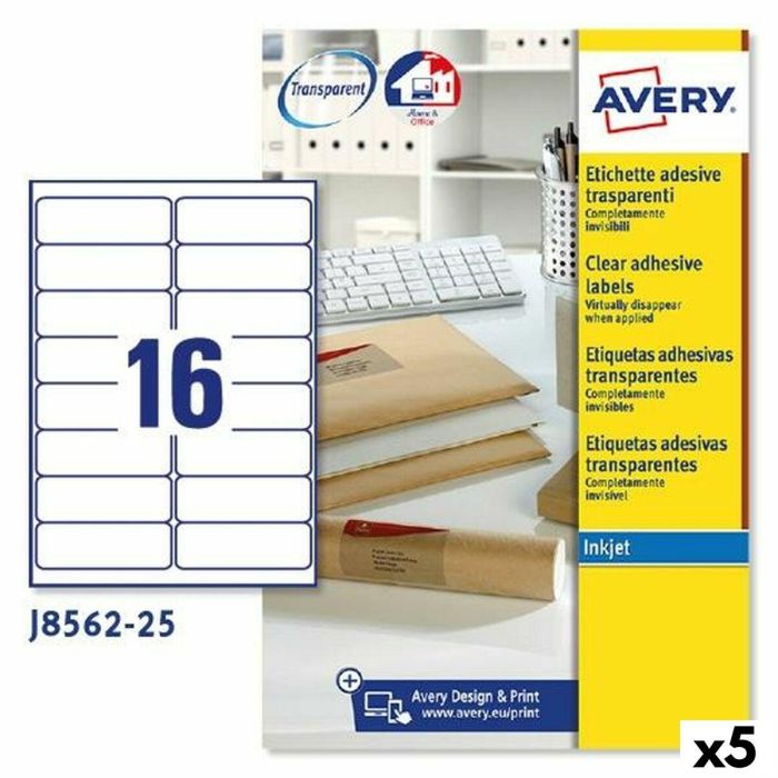 Etiquetas para Impresora Avery J8562 25 Hojas 99,1 x 33,9 mm Transparente (5 Unidades) Etiquetas para Impresora Avery J8562 25 Hojas 99,1 x 33,9 mm Transparente (5 Unidades)