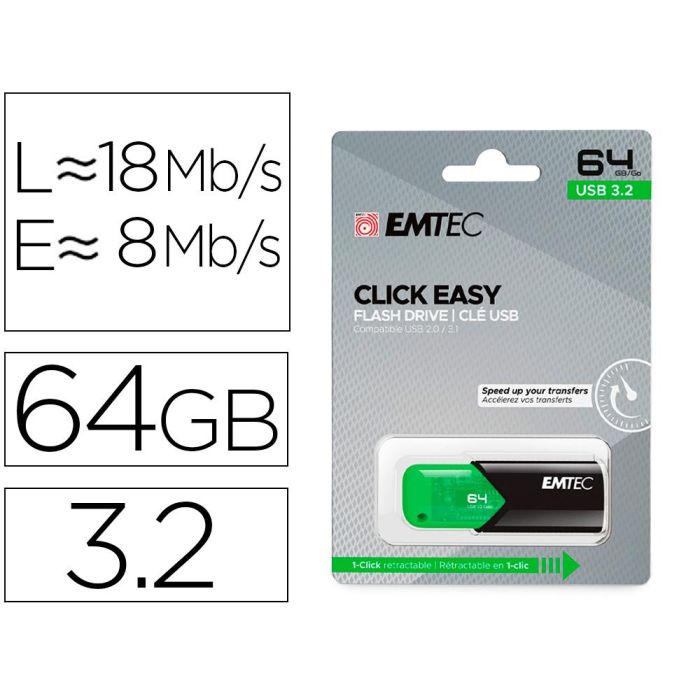 Memoria Emtec Usb 3.2 cLick Easy 64 grb Verde