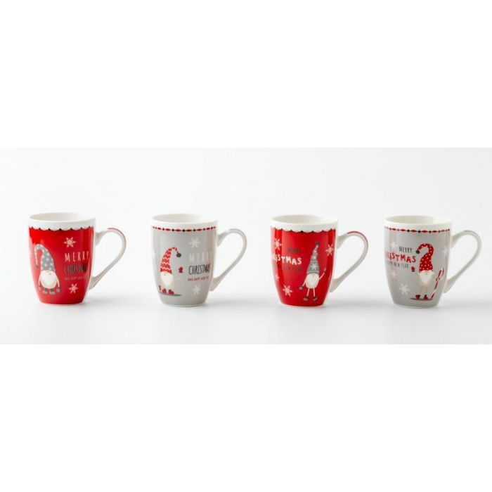 DKD Home Decor Mug Navidad Fantasía Rojo Gris Gnomo Porcelana 340ml (12 Unidades) 8 x 10.5 x 12 cm