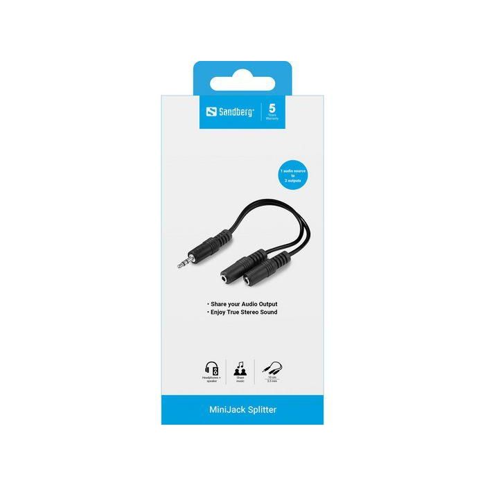 Sandberg Divisor de Audio Mini Jack 1 a 2 Salidas para Auriculares y Altavoces 1