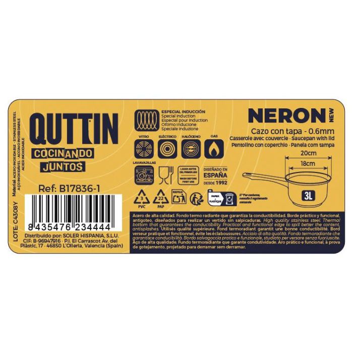 Cazo Inde 18 cm (3L) Acero Inoxidable con Tapa New Neron (8 Unidades) 4 Cazo Inde 18 cm (3L) Acero Inoxidable con Tapa New Neron (8 Unidades) 4