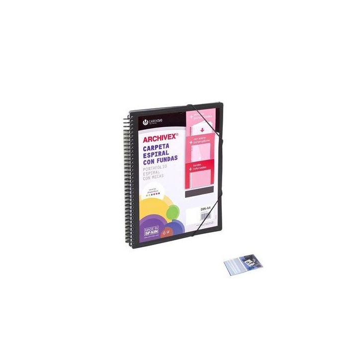 Carchivo Archivex-Star Carpeta Espiral PP Extra 80 Fundas A4 con Sobre y Cierre de Gomas Negro