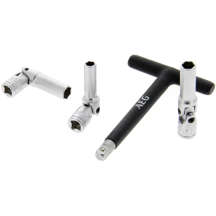 Aeg Llave de Bujía Diésel con 3 Enchufes Cardán 8mm 10mm 12mm Acero Inoxidable Mango T Espuma Antideslizante 5