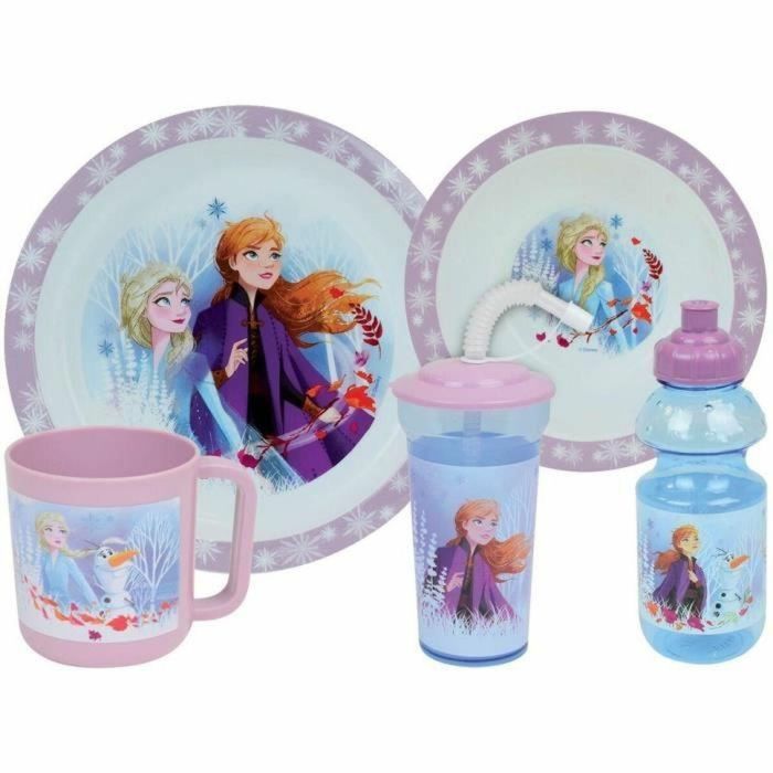 Fun House 006379 Set de Vajilla Disney Frozen Plato Hondo, Plato Llano, Taza, Botella y Vaso con Pajita