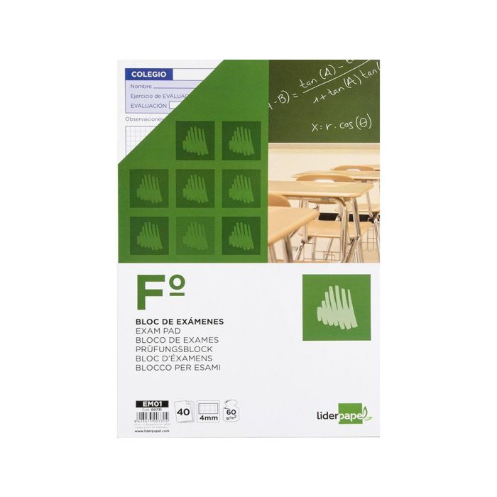 Bloc Examenes Liderpapel Cuadro 4 mm Folio 40 Hojas 60 gr-M2 10 unidades 2