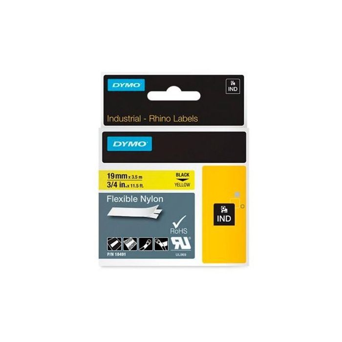 Dymo Rhino Cinta De Etiquetas Industrial Adhesiva Id1-19, Negro Sobre Amarillo De 19 mmx3´5 M, Nylon Flexible S0718090 Dymo Rhino Cinta De Etiquetas Industrial Adhesiva Id1-19, Negro Sobre Amarillo De 19 mmx3´5 M, Nylon Flexible S0718090