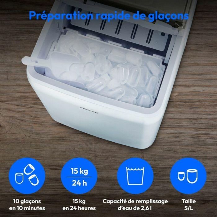 Máquina para fabricar cubitos de hielo MEDION (tamaño de cubitos de hielo pequeño y grande, tanque de agua de 2,6 litros, tiempo de producción corto aprox. 10 3