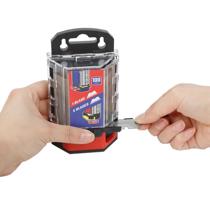 Workpro Cuchillas trapezoidales 100 unidades SK2, tratamiento térmico, compatibles con mayoría de cúter plegables, para cartón y plástico, incluye dos dispensadores 3