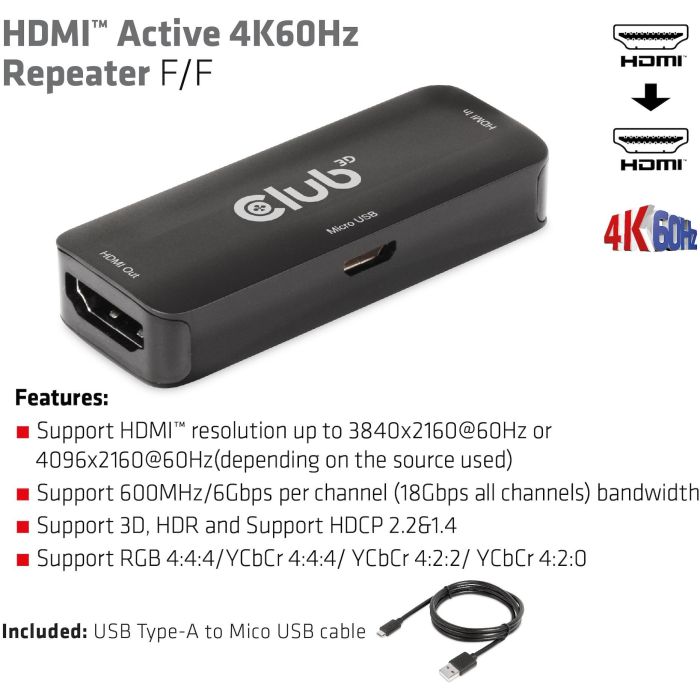 Club3D Repetidor HDMI a HDMI 4K 60Hz Activo Bu/Bu 2 Club3D Repetidor HDMI a HDMI 4K 60Hz Activo Bu/Bu 2